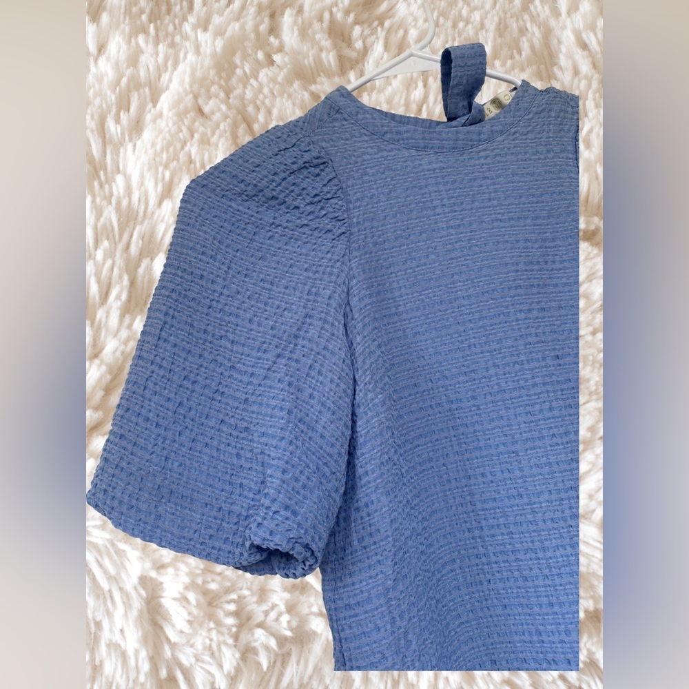 Title:
Textured Blue Puff Sleeve Top – Short Sleeve Crew Neck Blouse - Picture 8 of 8